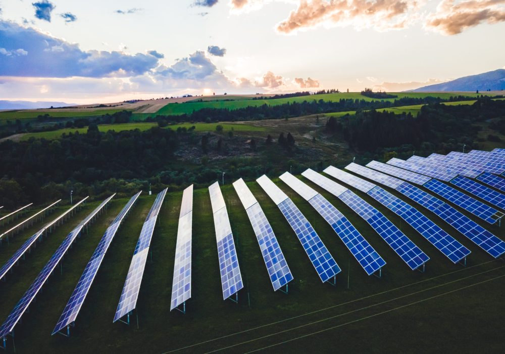 Blue solar panels. Photovoltaic modules for renewable energy. Aerial view of Solar panel. Alternative electricity source
